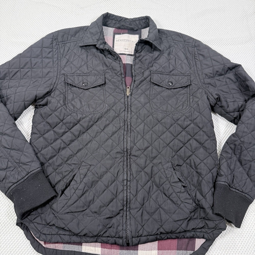 Aeropostale Men's Medium Black Quilted Full Zip Jacket Plaid Lined Pockets